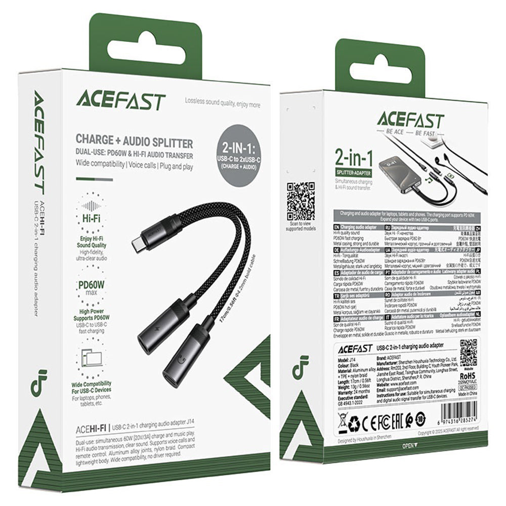Adattatore Audio USB-C - 2 x USB-C Acefast J14, Nero