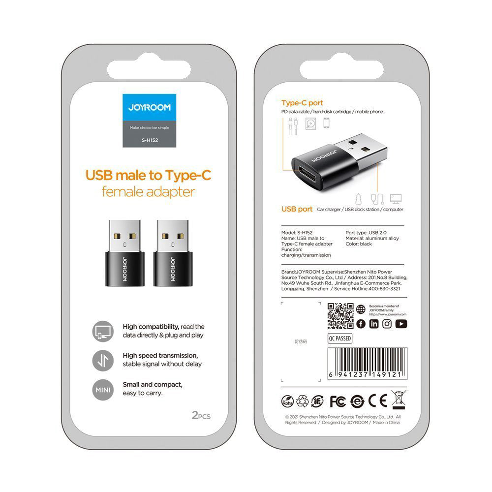 USB-C - USB-A Daten- und Ladeadapter Joyroom S-H152, Set 2 Stück, Schwarz