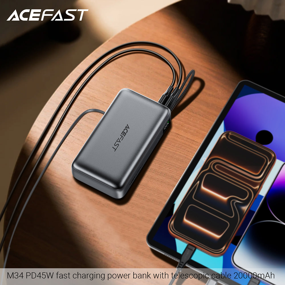 Externer Akku Acefast M34, 20000mAh, 45W, QC + PD, 1 x USB-A - 2 x USB-C, Silber