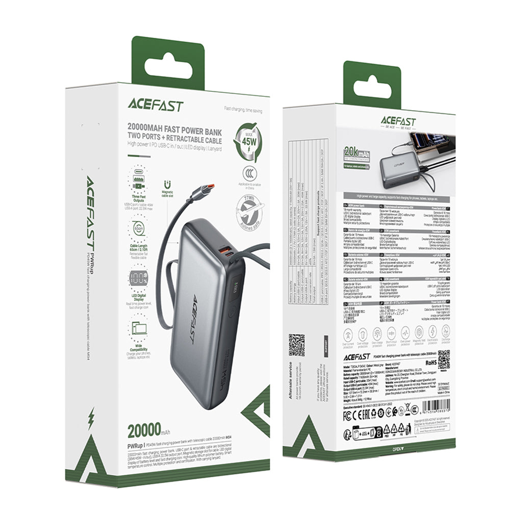 Externer Akku Acefast M34, 20000mAh, 45W, QC + PD, 1 x USB-A - 2 x USB-C, Grau