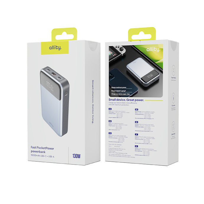 Batterie Externe Allity. APB-200 PocketPower, 19200mAh, 130W, QC + PD, 1 x USB-A - 2 x USB-C, Gris