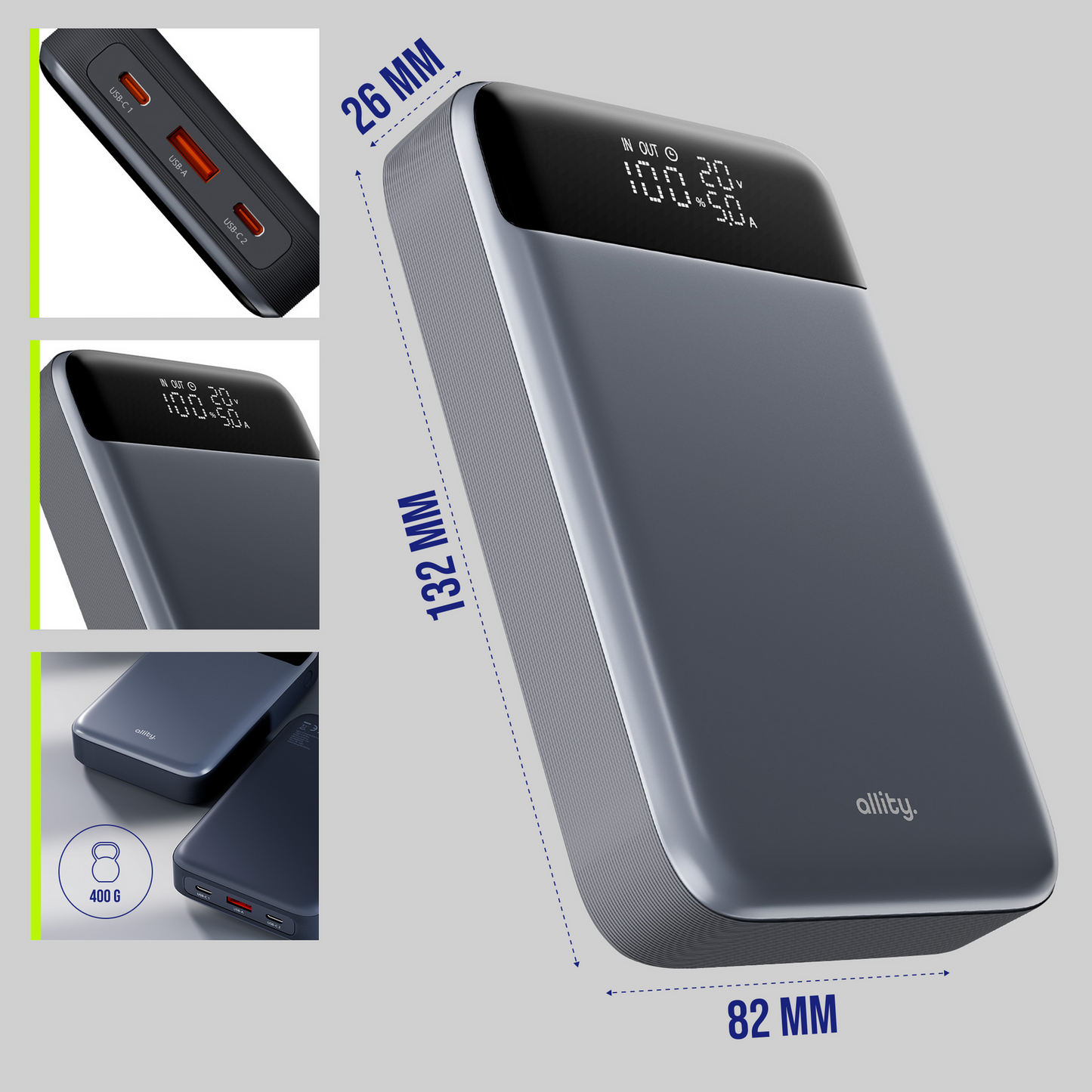 Batterie Externe Allity. APB-200 PocketPower, 19200mAh, 130W, QC + PD, 1 x USB-A - 2 x USB-C, Gris
