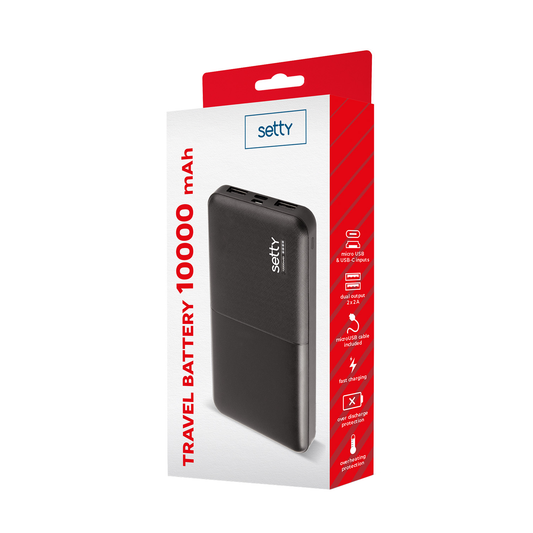 Batterie Externe Setty, 10000mAh, 10W, 2 x USB-A, Noire