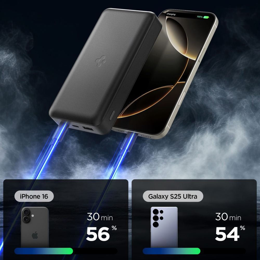 Batterie Externe Spigen, 20000mAh, 30W, QC + PD, 1 x USB-A - 2 x USB-C, Noire