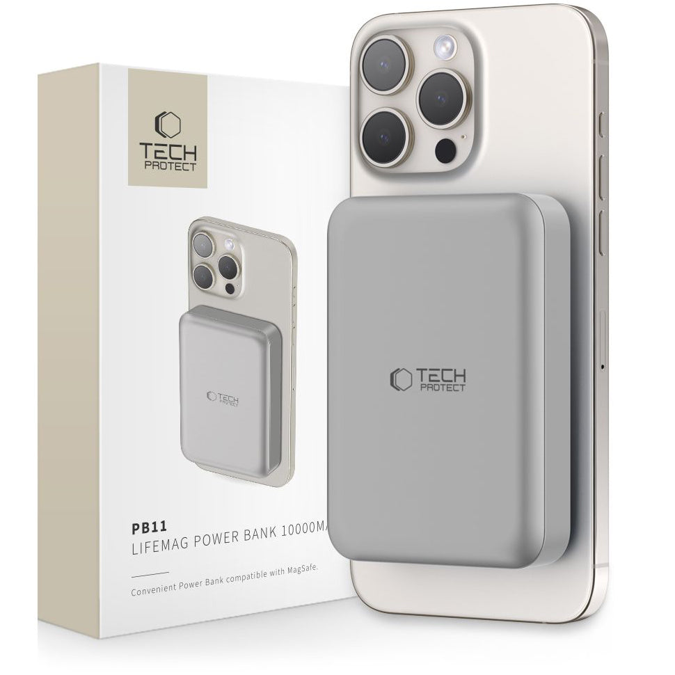 Batteria esterna wireless Tech-Protect PB11 LifeMag, 10000mAh, 15W, PD + FQI, 1 x QI - 1 x USB-C, Grigio