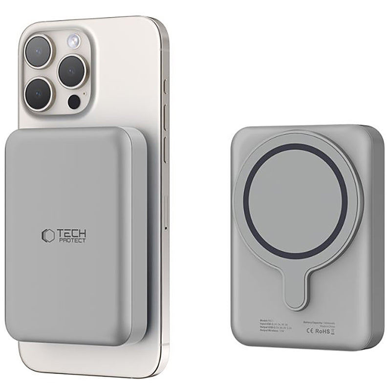 Batteria esterna wireless Tech-Protect PB11 LifeMag, 10000mAh, 15W, PD + FQI, 1 x QI - 1 x USB-C, Grigio