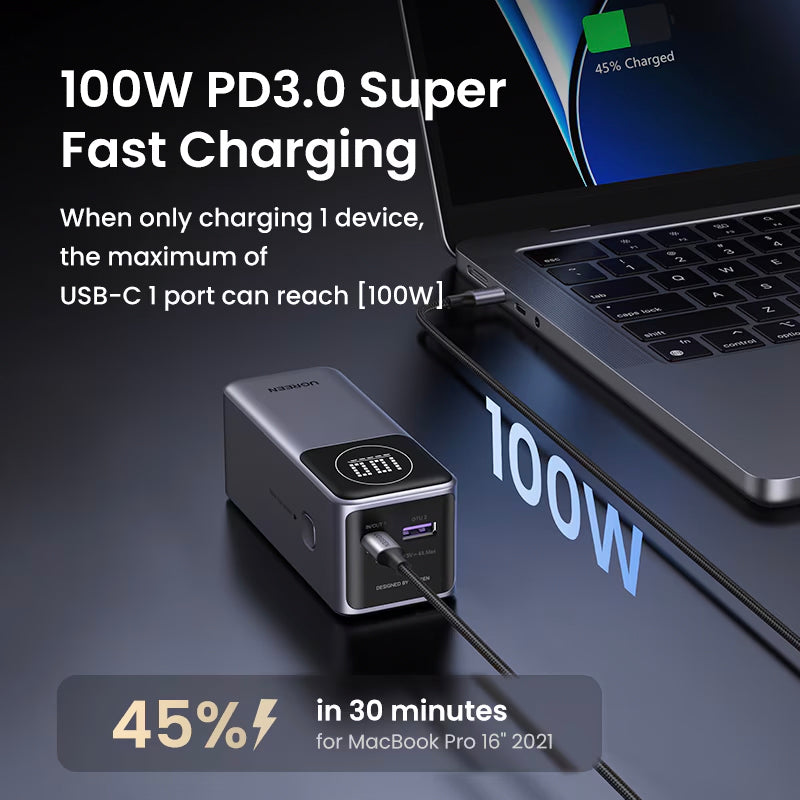 Externer Akku UGREEN PB724, 12000mAh, 100W, QC + PD, 1 x USB-A - 1 x USB-C, Grau