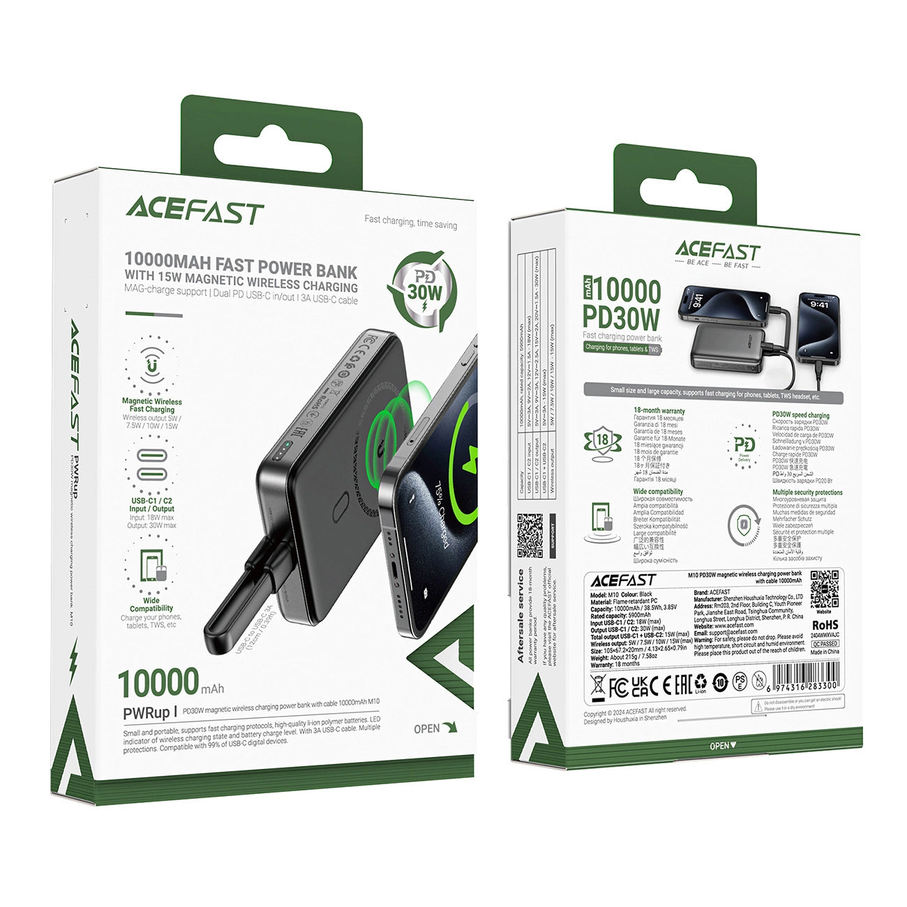 Batteria Esterna Wireless Acefast M10, 10000mAh, 30W, PD + FQI, 1 x QI - 2 x USB-C, Nera