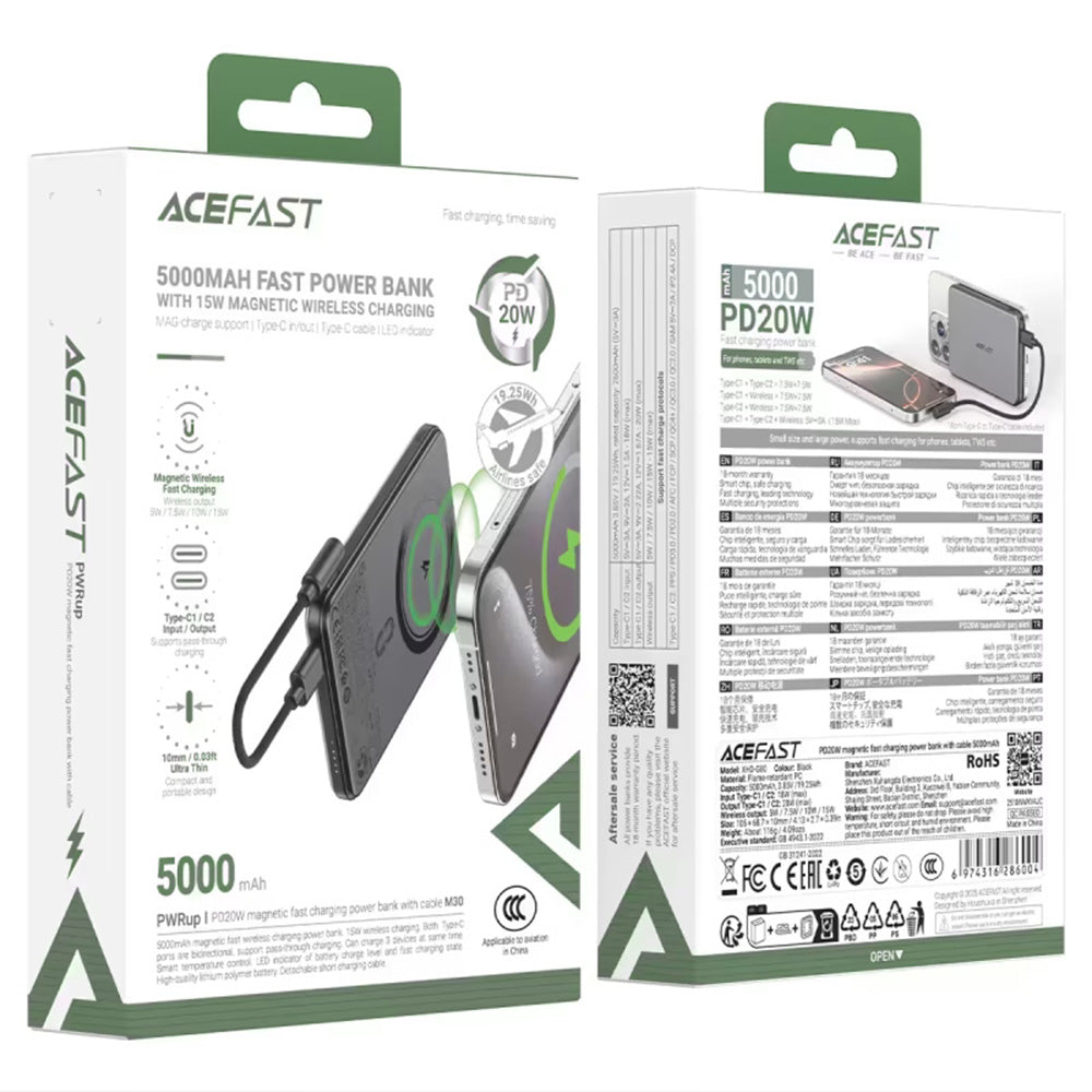 Batteria Esterna Wireless Acefast M30, 5000mAh, 20W, PD + FQI, 1 x QI - 2 x USB-C, Nera