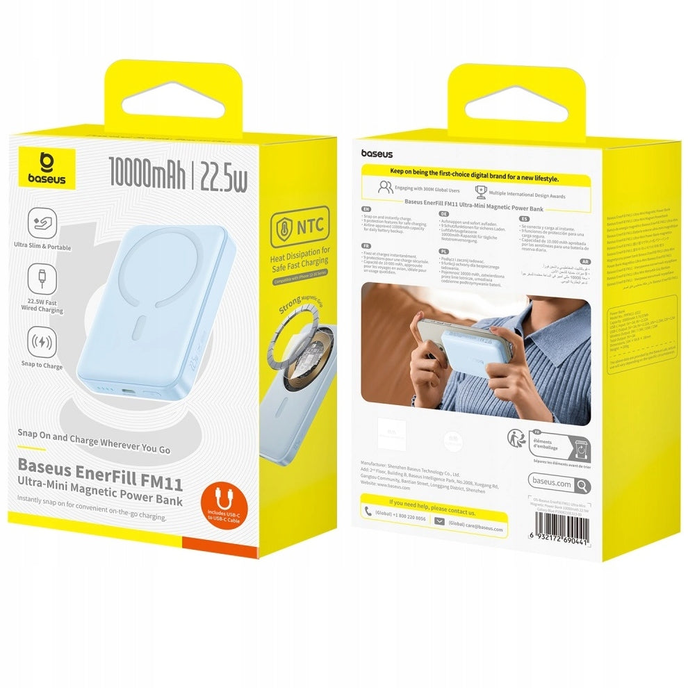 Kabellose Externe Batterie Baseus EnerFill FM11 Ultra-Mini, 10000mAh, 22,5W, PD + FQI, 1 x QI - 1 x USB-C, Blau P1008210E313-00