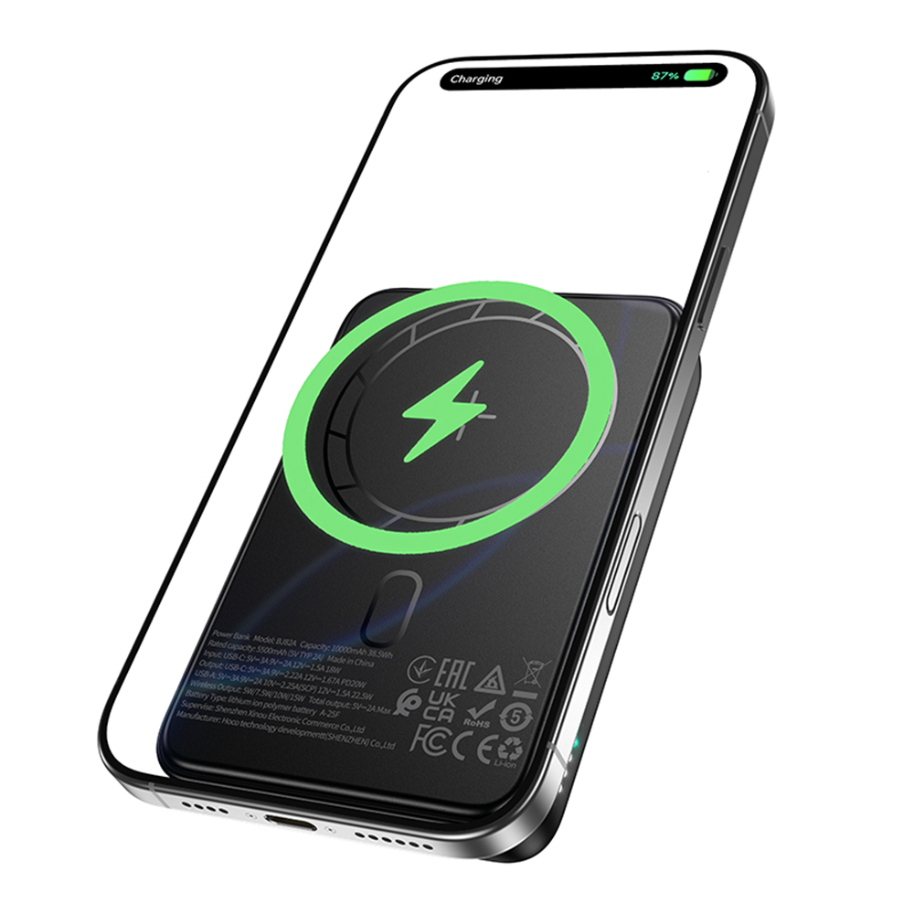 Batteria Esterna Wireless Borofone BJ82A Dawn, 10000mAh, 22.5W, QC + PD + FQI, 1 x QI - 1 x USB-A - 1 x USB-C, Nera