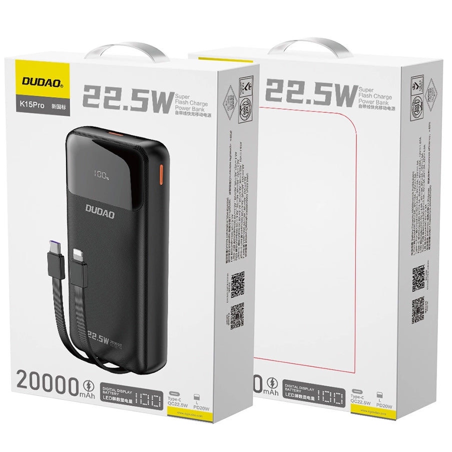 Batteria Esterna Dudao K15Pro, 20000mAh, 22.5W, QC + PD, 1 x Lightning - 1 x USB-A - 2 x USB-C, Nera
