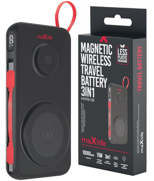 Externer Wireless-Akku MaXlife MXPB-08, 10000mAh, 22.5W, QC + PD + FQI + QI, 1 x USB-A - 1 x USB-C - 2 x QI, Schwarz