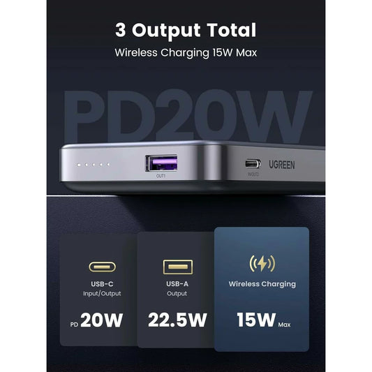 UGREEN PB206 Batterie externe sans fil, 10000mAh, 20W, QC + PD + FQI, 1 x QI - 1 x USB-A - 1 x USB-C, Gris