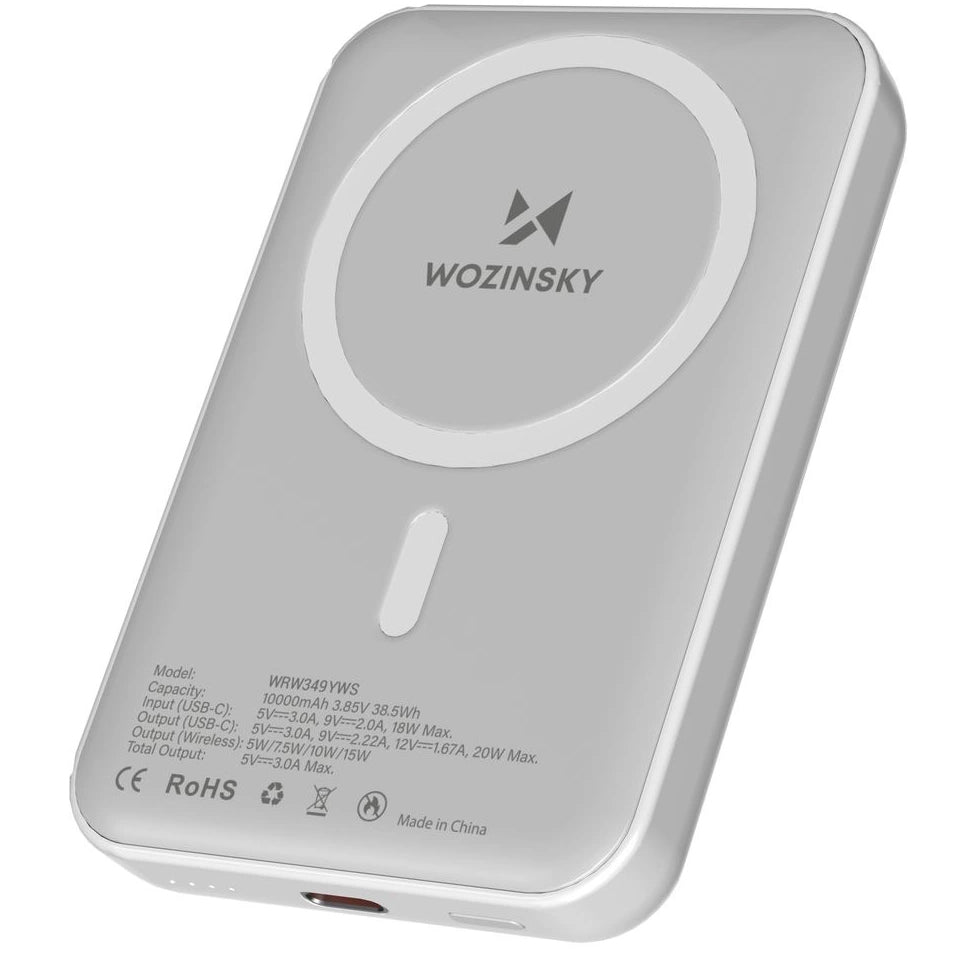 Batterie Externe Sans Fil WZK WRW349YWS, 10000mAh, 20W, PD + FQI, 1 x QI - 1 x USB-C, Blanche