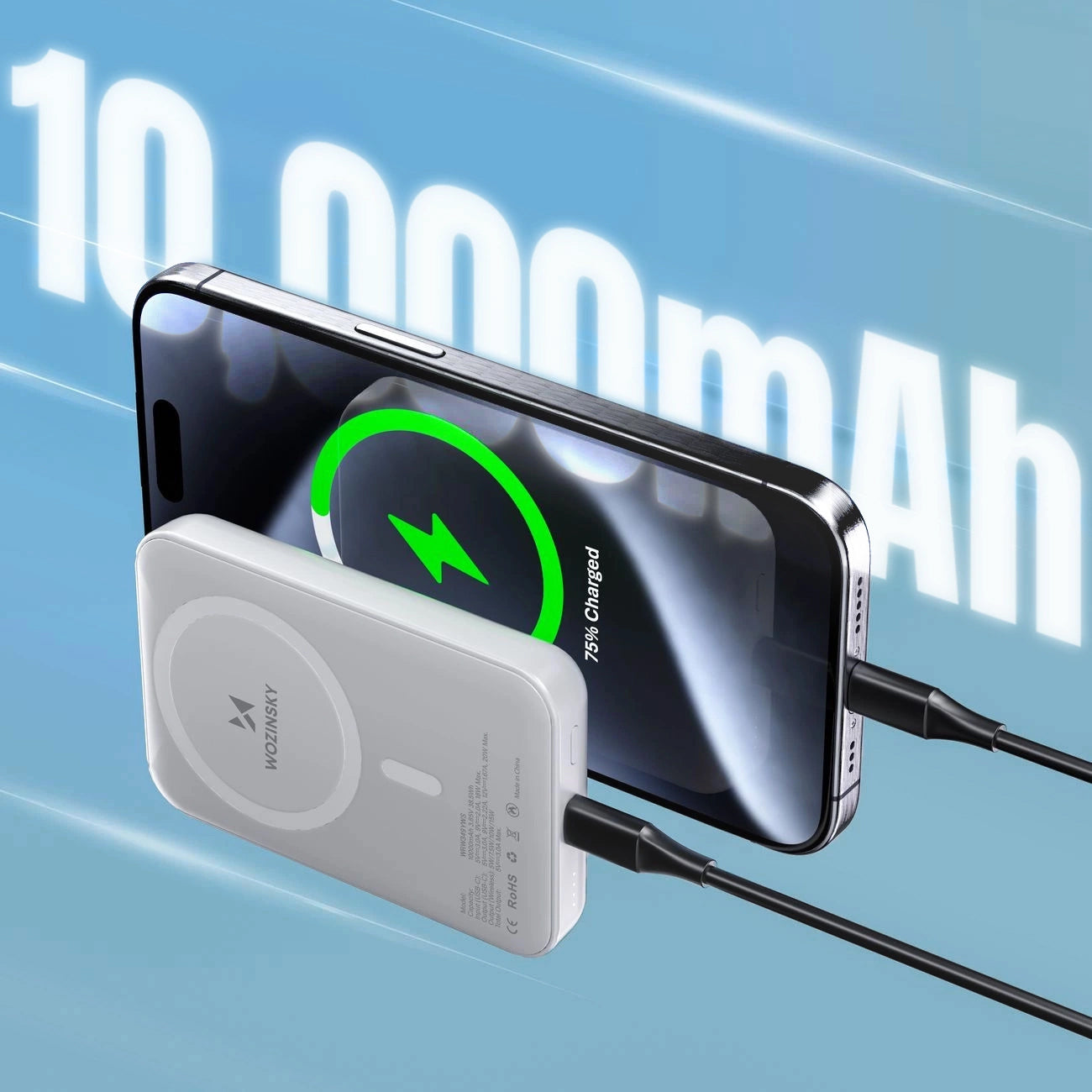 Batterie Externe Sans Fil WZK WRW349YWS, 10000mAh, 20W, PD + FQI, 1 x QI - 1 x USB-C, Blanche