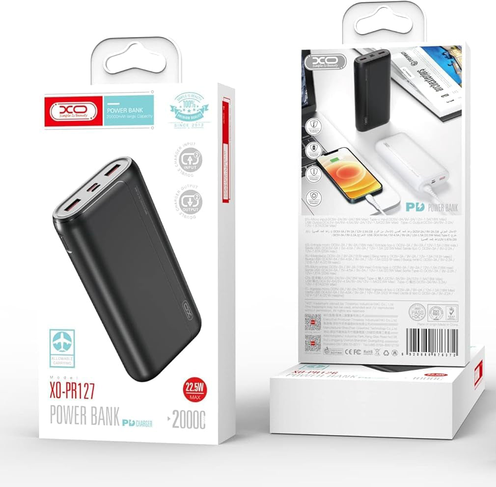Batteria Esterna XO Design PR127, 20000mAh, 22.5W, QC + PD, 1 x USB-C - 2 x USB-A, Nera