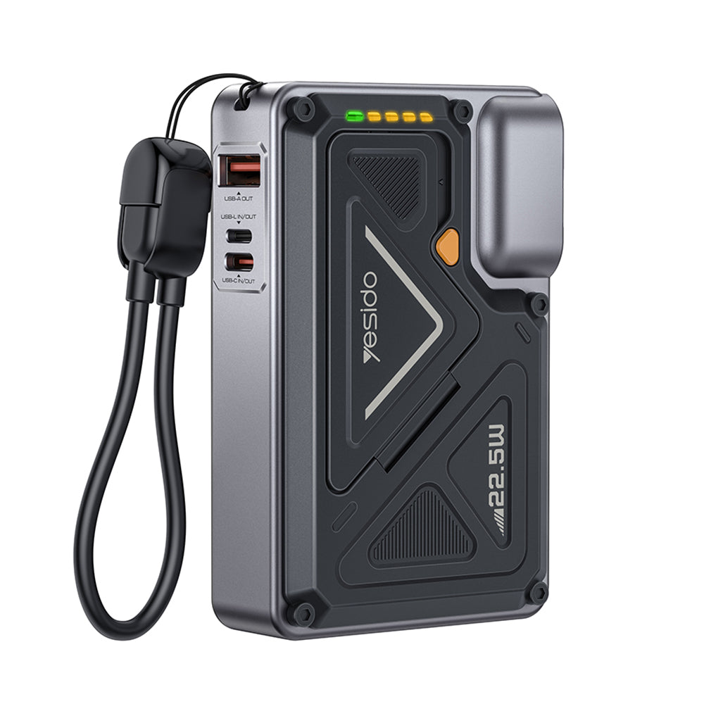 Batteria Esterna Yesido YP89, 10000mAh, 22.5W, QC + PD + FQI, 1 x Lightning - 1 x QI - 1 x USB-A - 1 x USB-C, Grigio