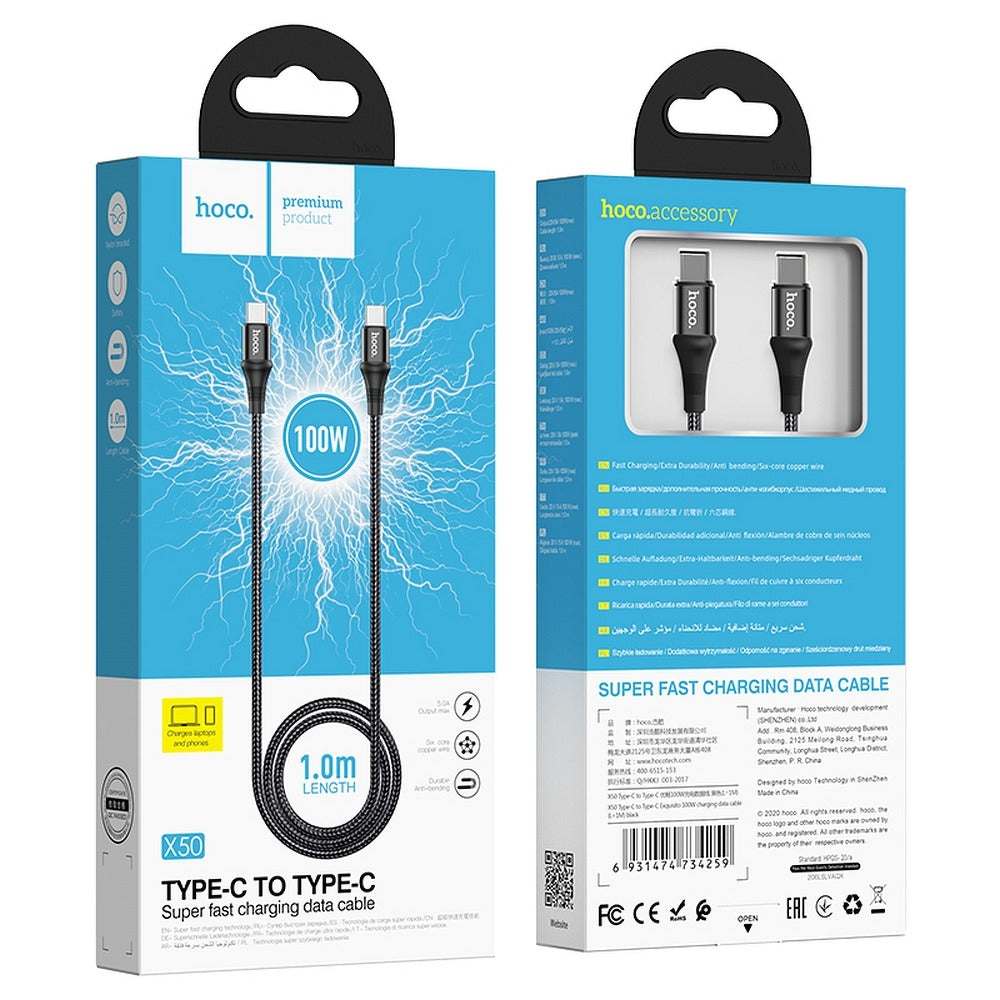 Câble de données et de charge USB-C - USB-C HOCO X50, 100W, 1m, Noir