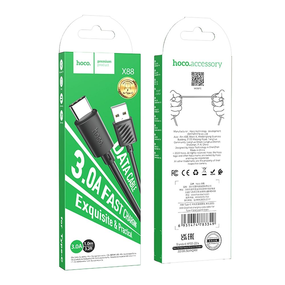 Cavo dati e ricarica USB-A - USB-C HOCO X88, 18W, 1m, nero