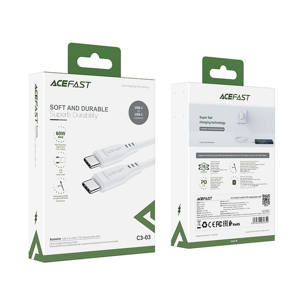 Câble de Données et de Charge USB-C - USB-C Acefast C3-03, 60W, 1.2m, Blanc