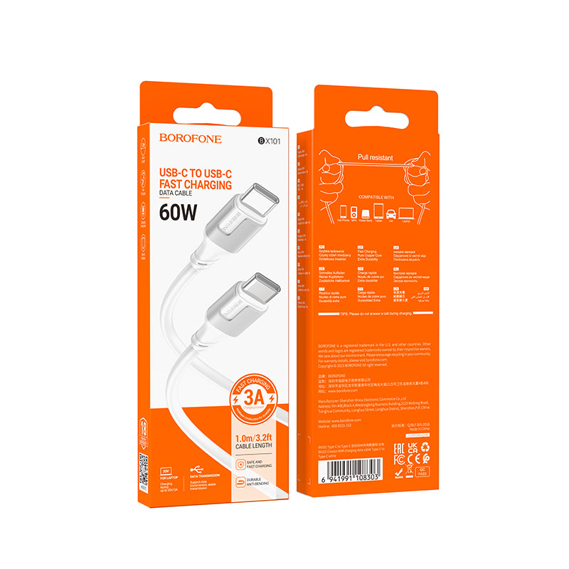 Câble de données et de charge USB-C - USB-C Borofone BX101 Creator, 60W, 1m, blanc