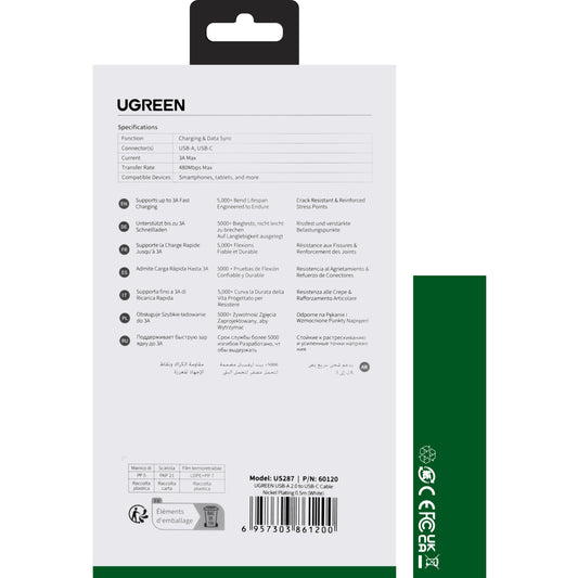 Câble de données et de charge USB-A - USB-C UGREEN US287, 60W, 0.5m, Blanc