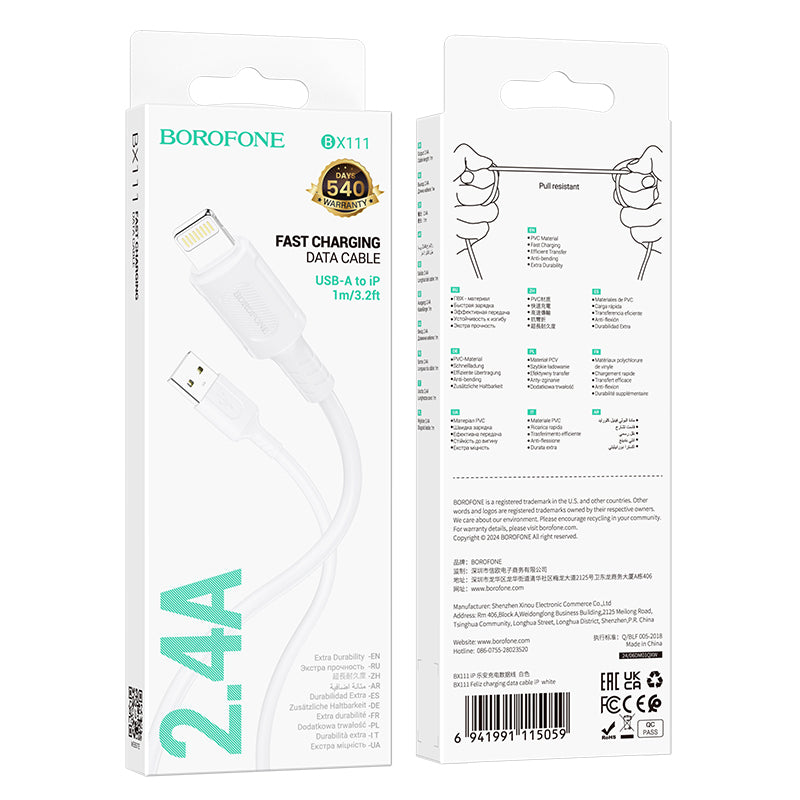 Cavo Dati e Ricarica USB-A - Lightning Borofone BX111 Feliz, 18W, 1m, Bianco