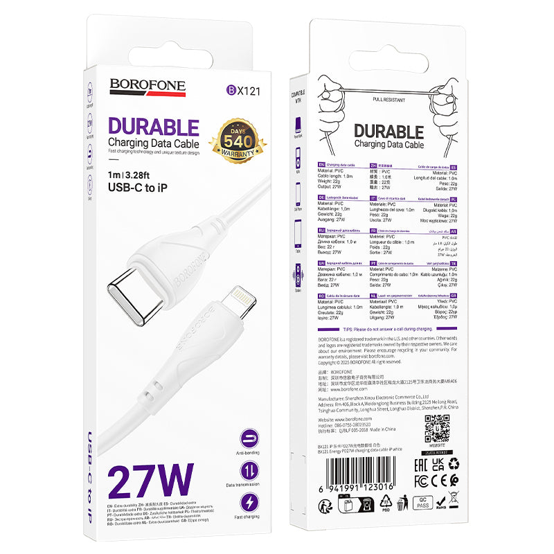 Cavo Dati e Ricarica USB-C - USB-C Borofone BX121 Energy, 60W, 1m, Bianco