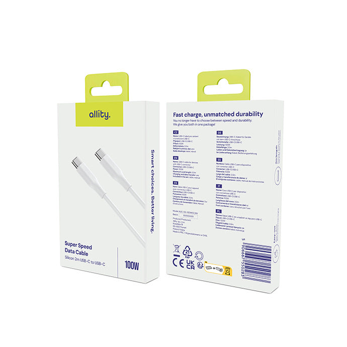 Câble de Données et de Charge USB-C - USB-C Allity. AUC-02, 100W, 2m, Blanc