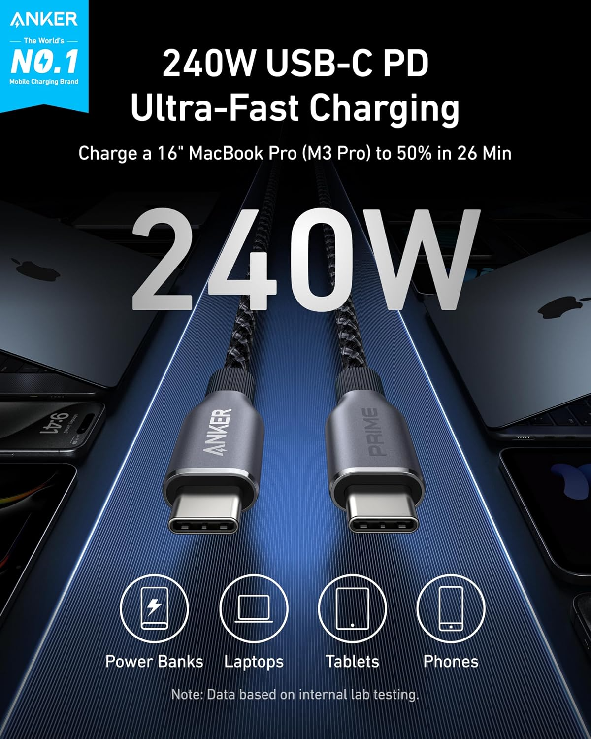 Cavo dati e ricarica USB-C - USB-C Anker Prime, 240 W, 0,9 m, Nero A88E2011