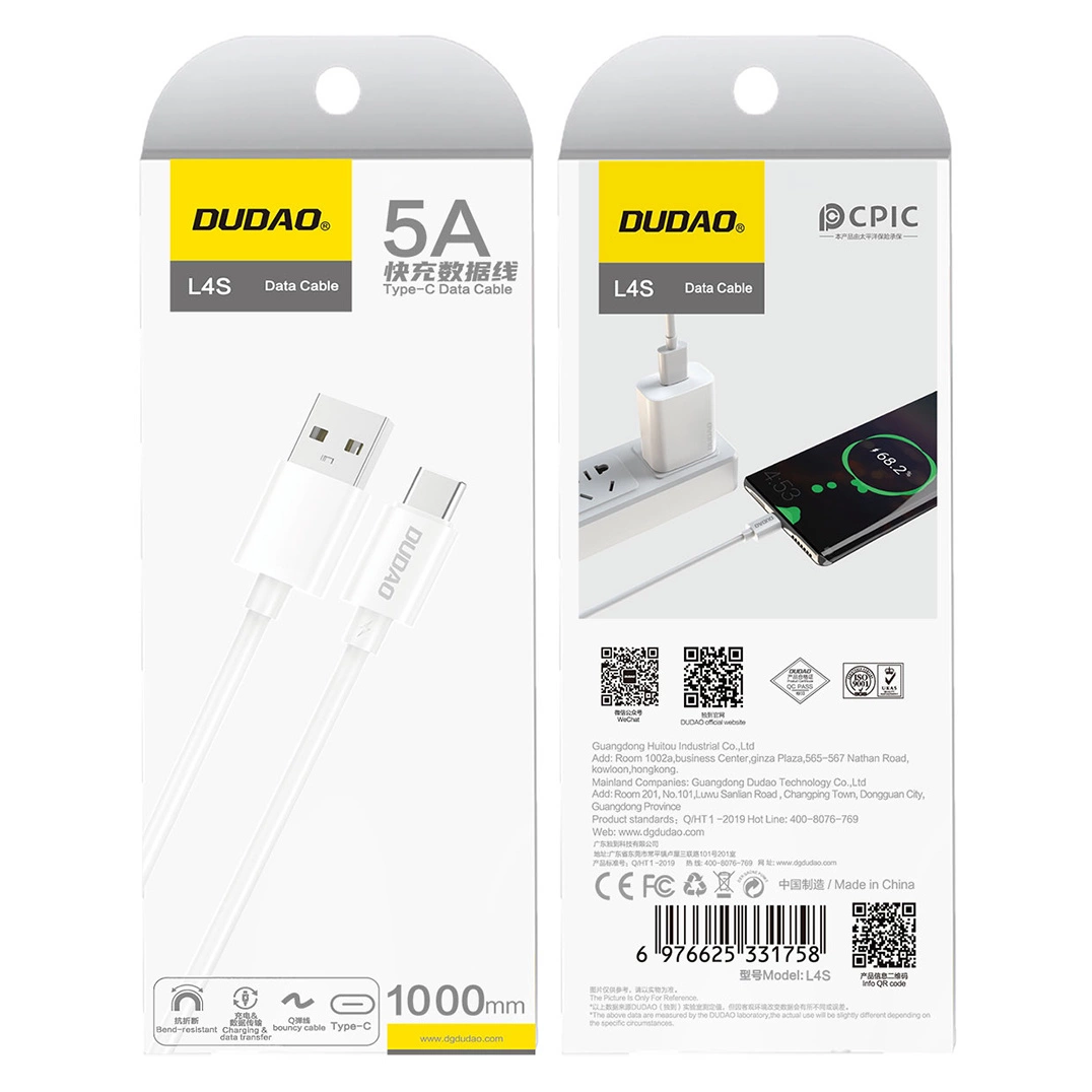 Daten- und Ladekabel USB-A - USB-C Dudao L4ST, 100W, 1m, Weiß