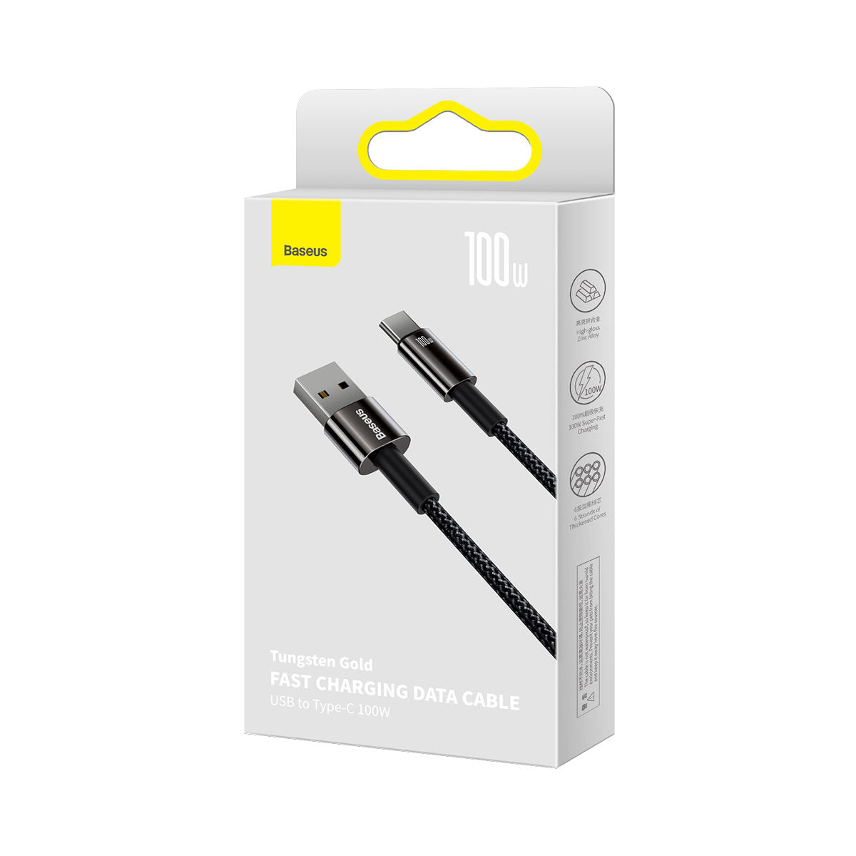 USB-A a USB-C Baseus Tungsten Gold, 100W, 2m, nero CAWJ00010101