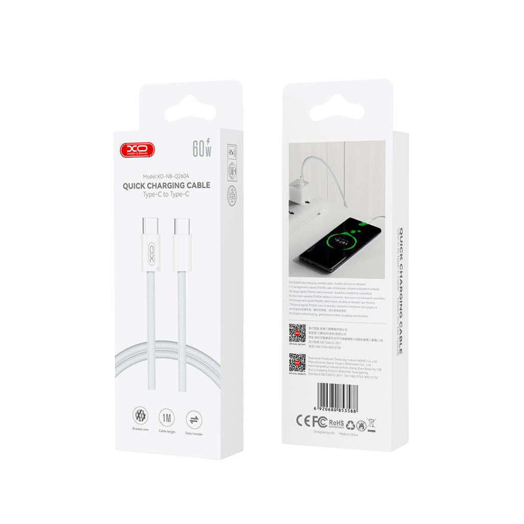 Câble de Données et de Charge USB-C - USB-C XO Design NB-Q260B, 60W, 1.5m, Blanc