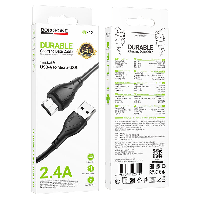 Cavo Dati e Ricarica USB-A - microUSB Borofone BX121 Energy, 18W, 1m, Nero