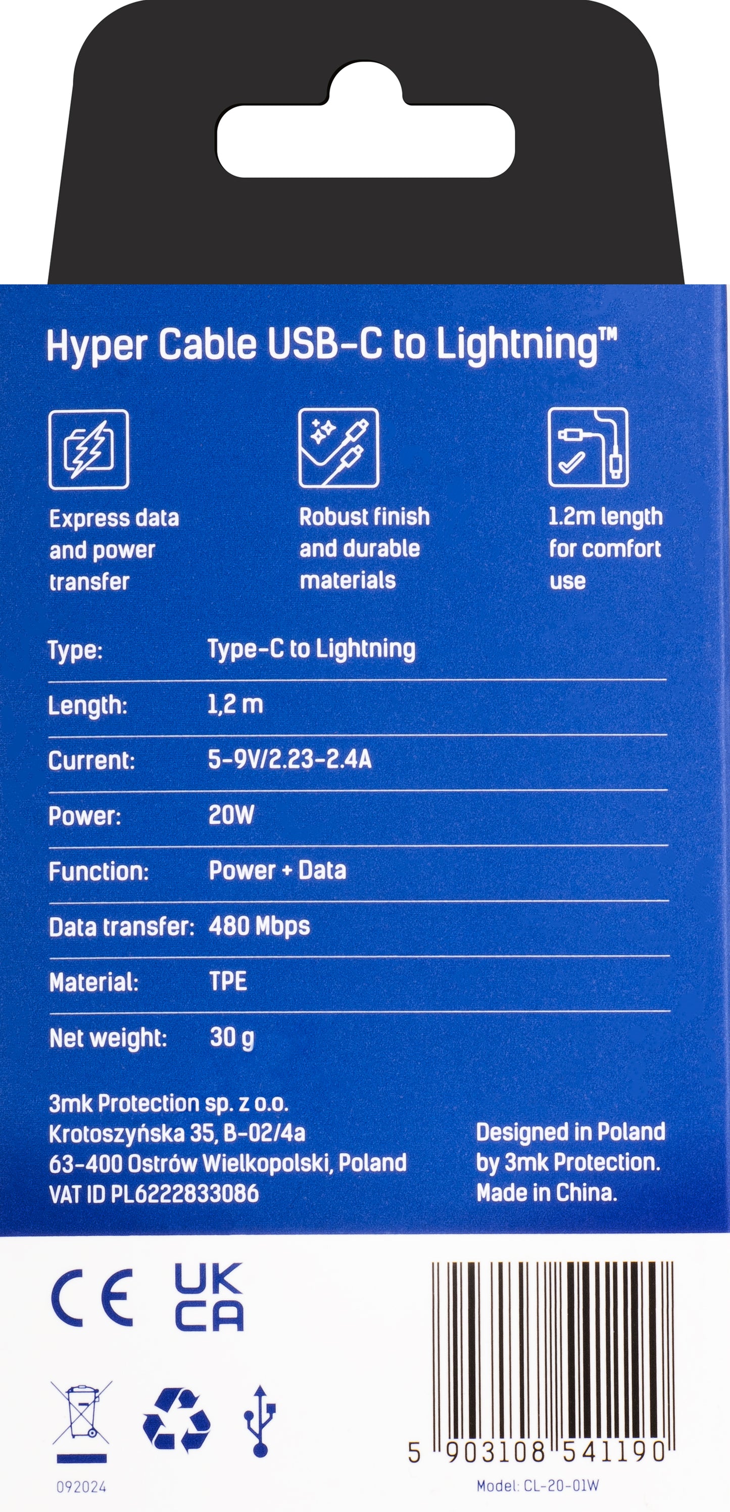Cavo Dati e Ricarica USB-C - Lightning 3MK Hyper, 20W, 1,2m, Bianco