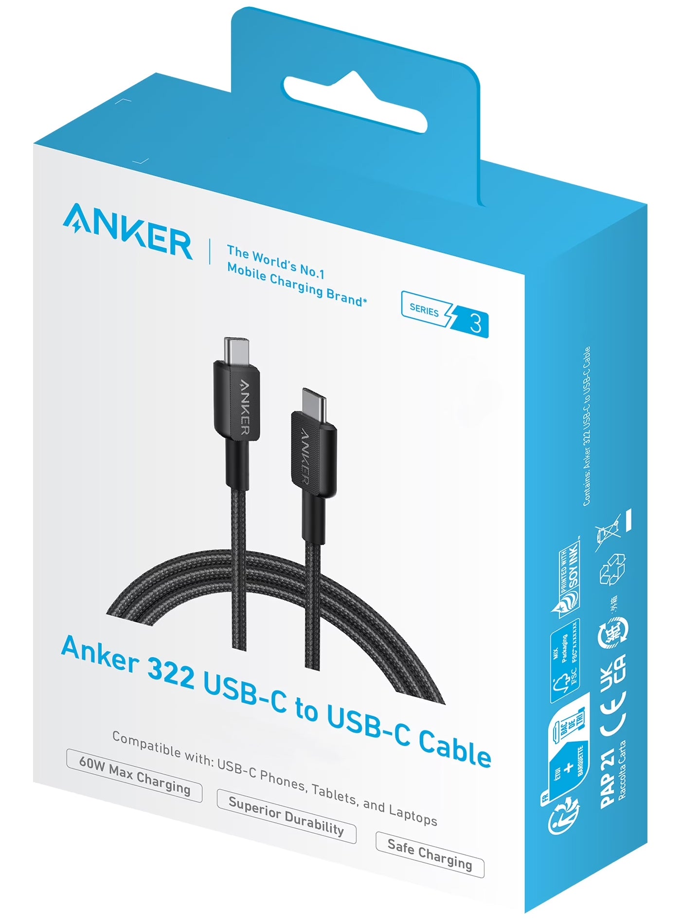 Cavo Dati e Ricarica USB-C - USB-C Anker 322, 60W, 0.9m, Nero A81F5G11