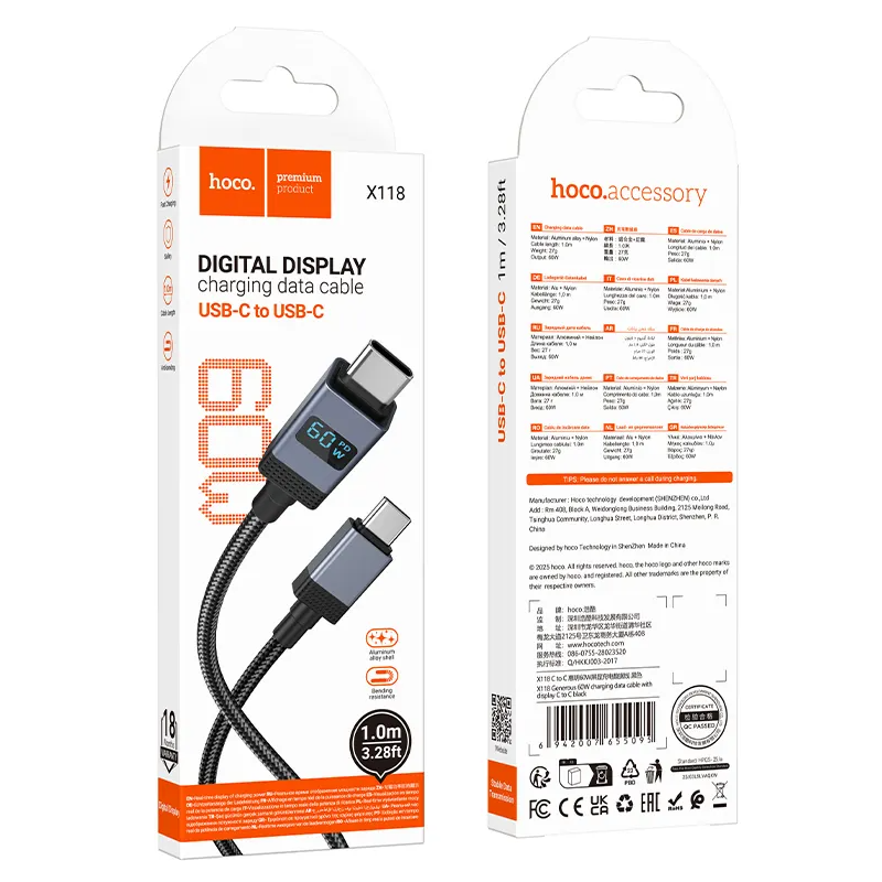 Câble de Données et de Charge USB-C - USB-C HOCO X118 Display, 60W, 1m, Noir