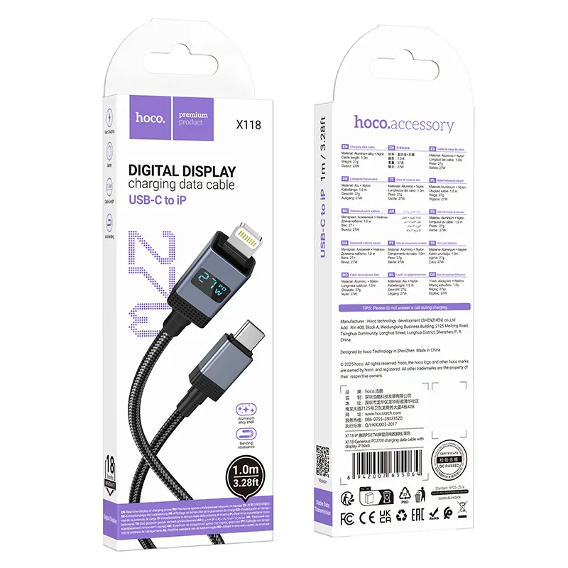 Cavo Dati e Ricarica USB-C - Lightning HOCO X118 Display, 27W, 1m, Nero