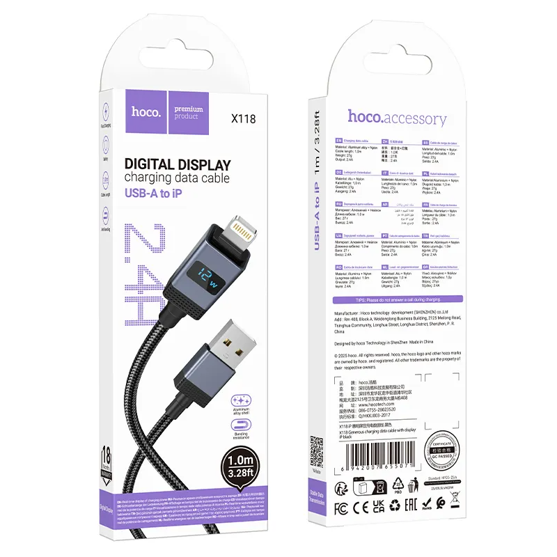 Câble de Données et de Charge USB-A - Lightning HOCO X118 Display, 12W, 1m, Noir