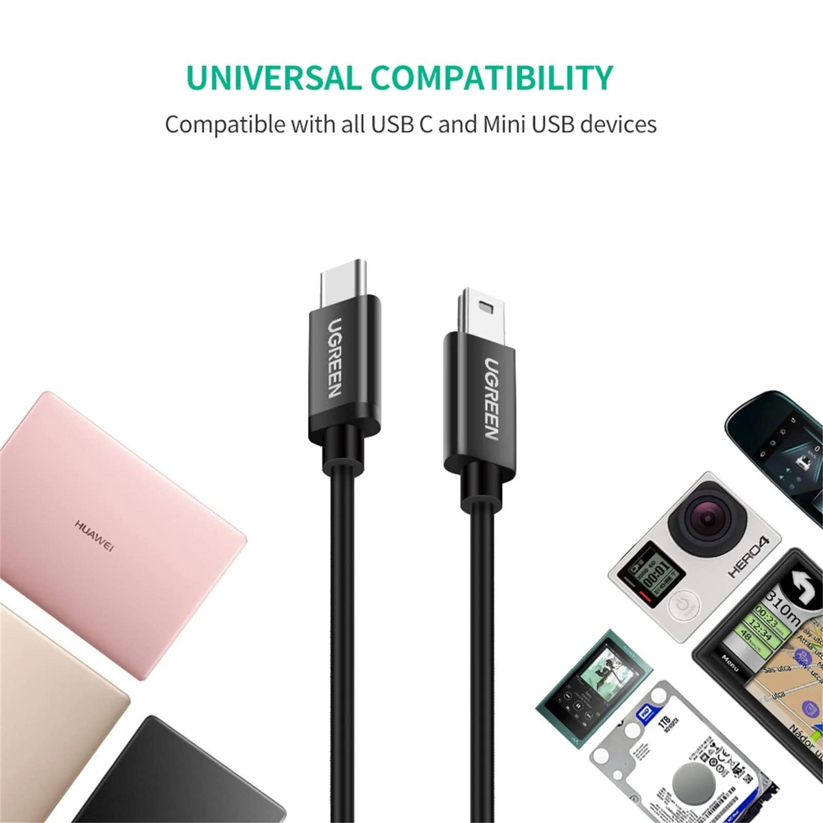 Daten- und Ladekabel USB-C - miniUSB UGREEN US242, 18W, 1m, Schwarz