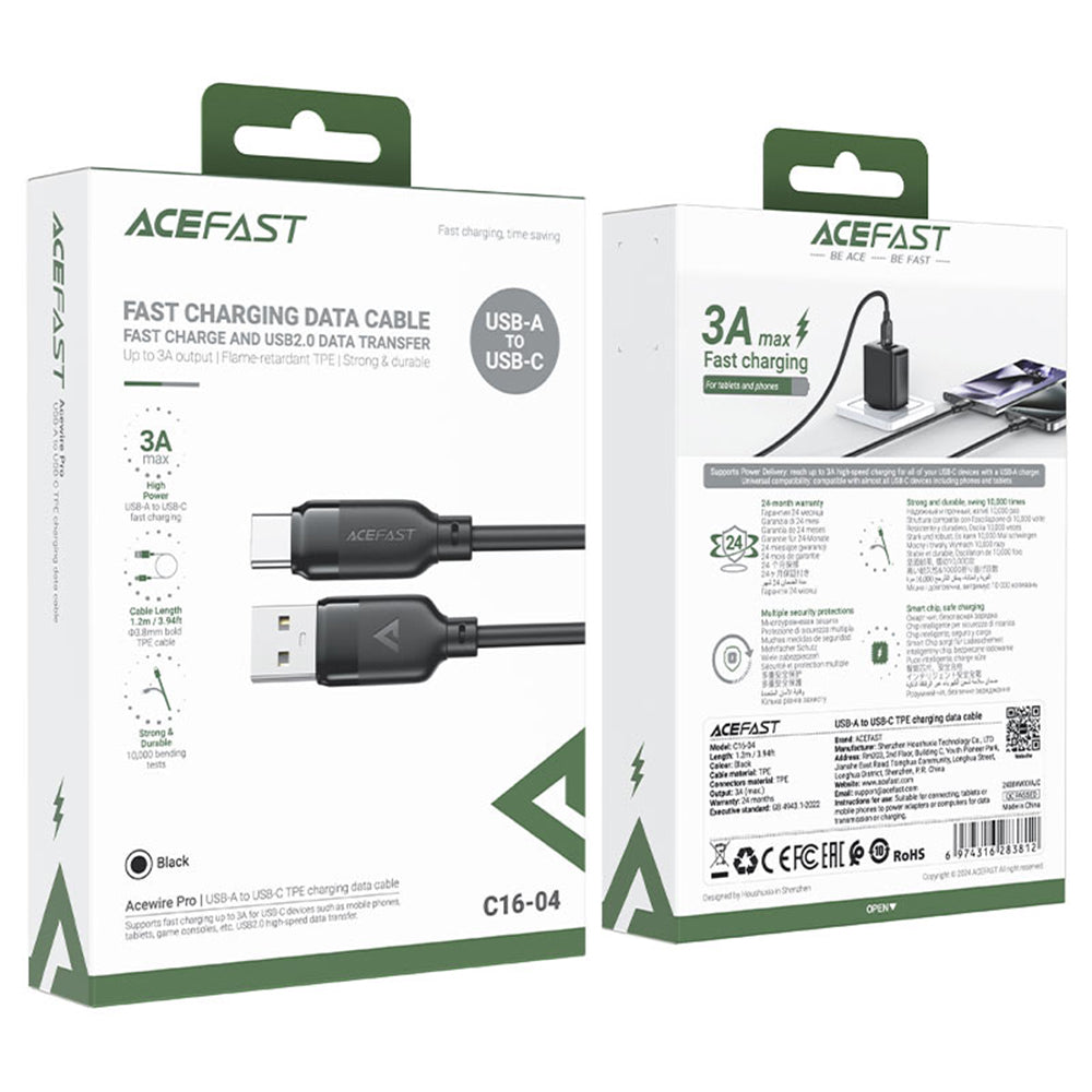 Câble de Données et de Charge USB-A - USB-C Acefast C16-04, 18W, 1.2m, Noir