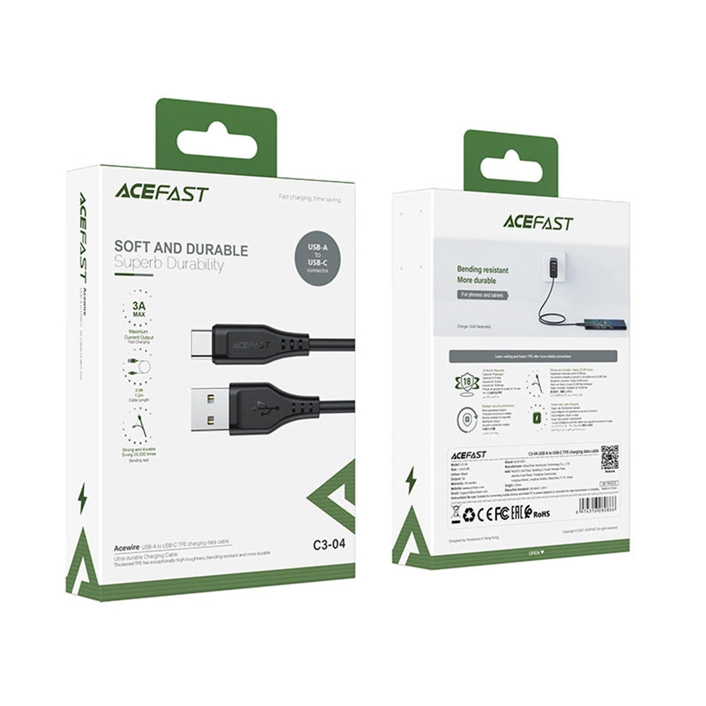 Câble de Données et de Charge USB-A - USB-C Acefast C3-03, 60W, 1.2m, Noir