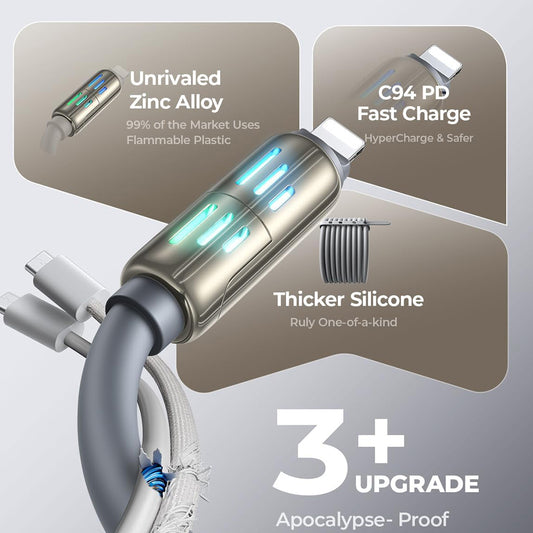 Câble de Données et de Charge USB-A / USB-C - Lightning / USB-C Lisen 4en1, 240W, 2m, Gris YL0124110002