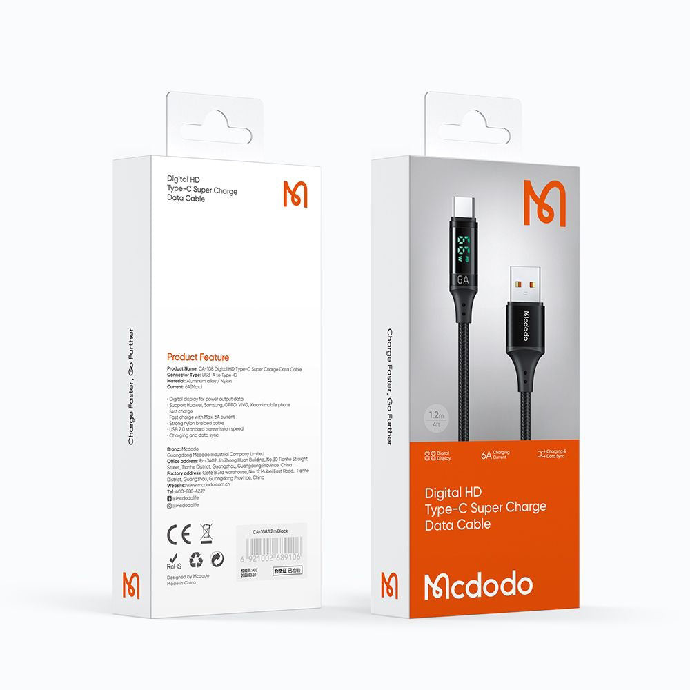 Cavo Dati e Ricarica USB-A - USB-C McDodo CA-1080 Display, 66W, 1.2m, Nero