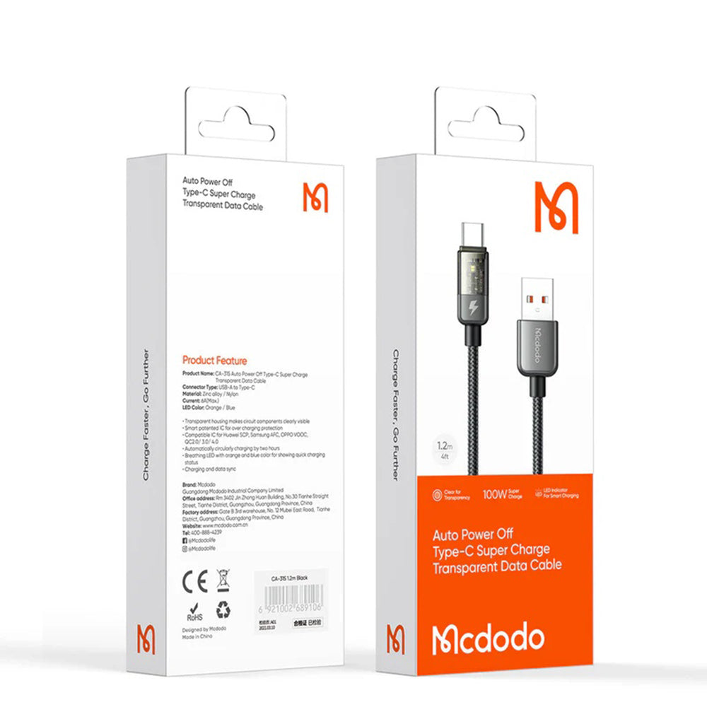 Cavo Dati e Ricarica USB-A - USB-C McDodo CA-3150 Auto Power Off, 100W, 1.2m, Nero