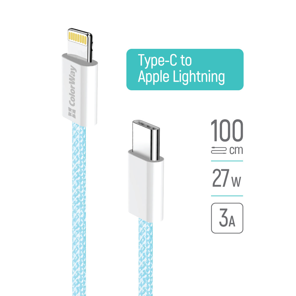 Câble de Données et de Charge USB-C - Lightning ColorWay CW-CBPDCL061, 27W, 1m, Bleu