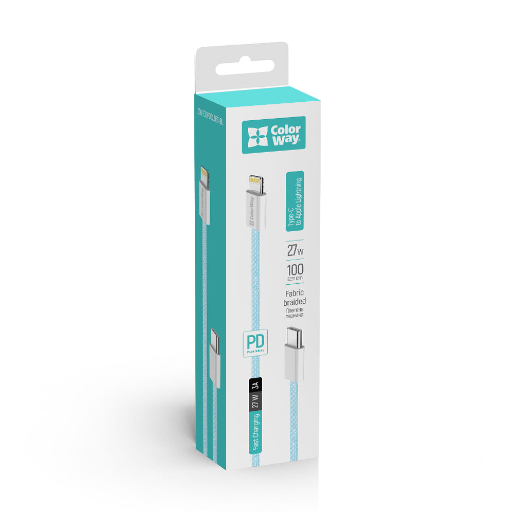 Câble de Données et de Charge USB-C - Lightning ColorWay CW-CBPDCL061, 27W, 1m, Bleu