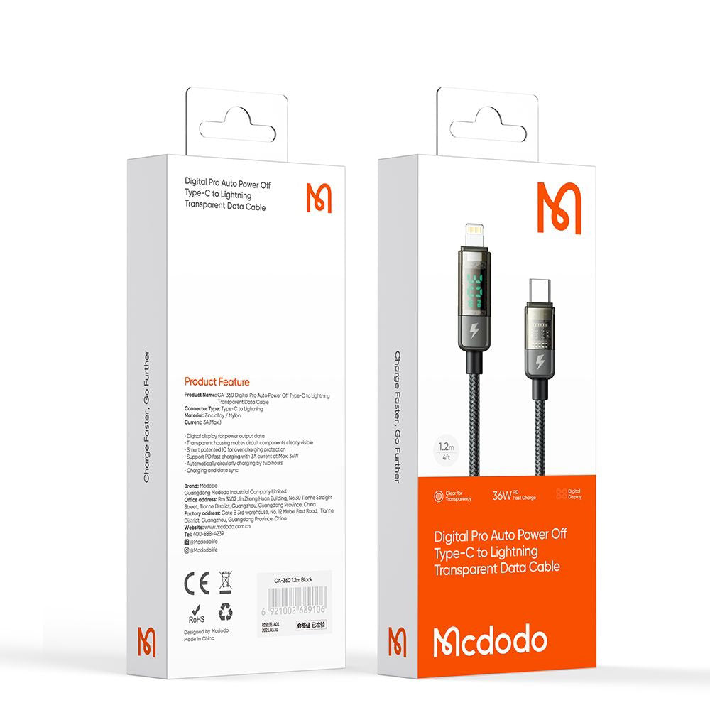 Cavo Dati e Ricarica USB-C - Lightning McDodo CA-3600 Display Auto Power Off, 36W, 1.2m, Nero