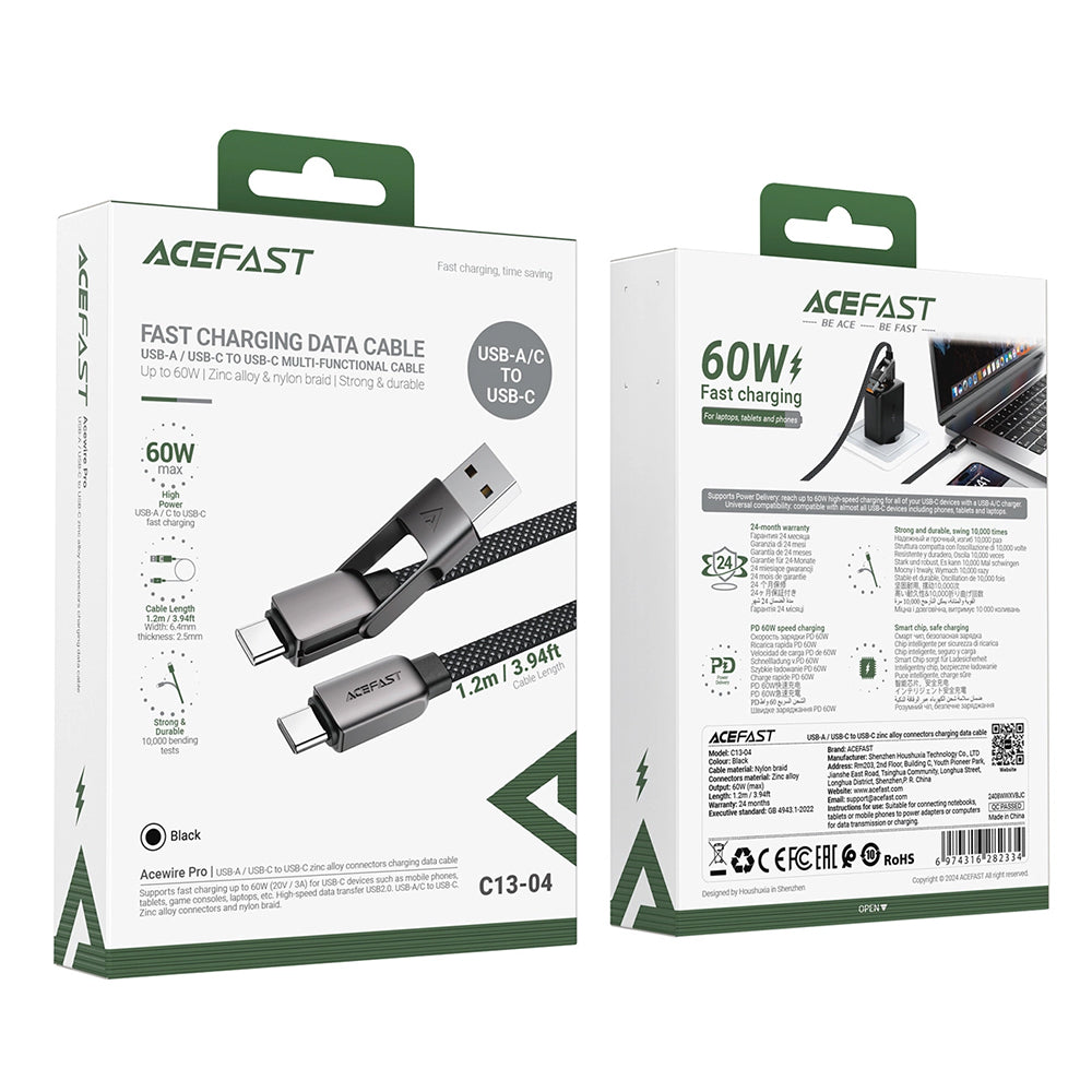 USB-C Data and Charging Cable - USB-A / USB-C Acefast C13-04, 60W, 1.2m, Black